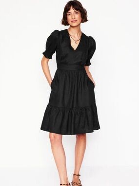 Boden Anna Linen Dress with Pockets Puff Sleeve Tiered Minimalist Size 14